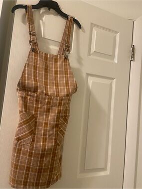 Allegra K Tan Plaid Apron-Style Overall Dress
